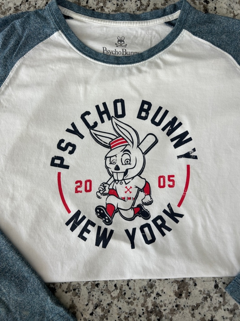 Psycho Bunny White Tee with Heather Blue Raglan Sleeves